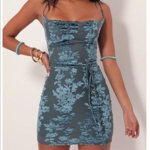 Velvet Floral Bodycon Dress In Teal